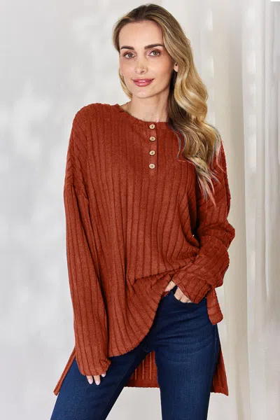 Fashnzfab Full Size Ribbed Half Button Long Sleeve High-low T-shirt In Red