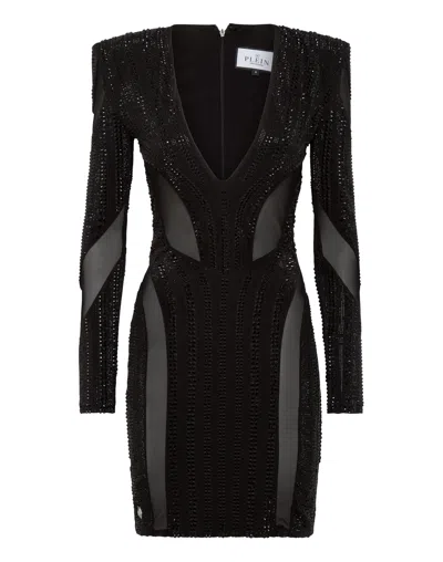 Philipp Plein Crystal-embellished V-neck Minidress In Black