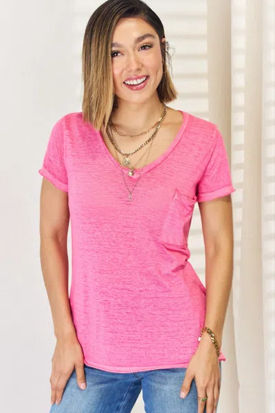 Fashnzfab V-neck Short Sleeve Slit T-shirt In Pink