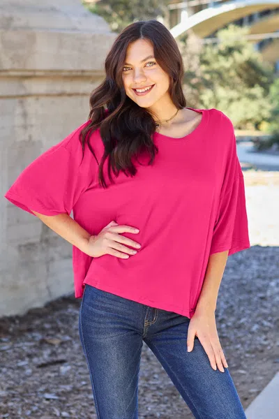 Fashnzfab Full Size Round Neck Drop Shoulder T-shirt In Pink
