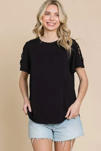 Fashnzfab Round Neck Crisscross Short Sleeve T-shirt In Black
