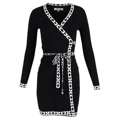 Diane Von Furstenberg Printed Edges Wrap Dress In Black Wool In Black