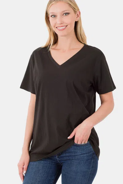 Fashnzfab Full Size V-neck Short Sleeve T-shirt In Black