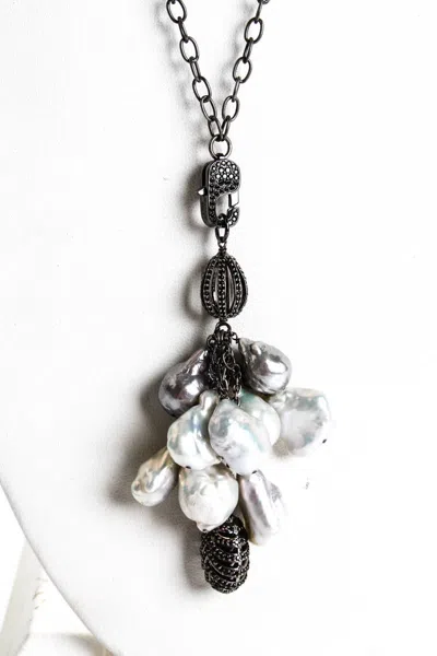 Rarities Womens Silver Baroque Pearl Crystal Pave Tassel Necklace 30" 41g In Silver