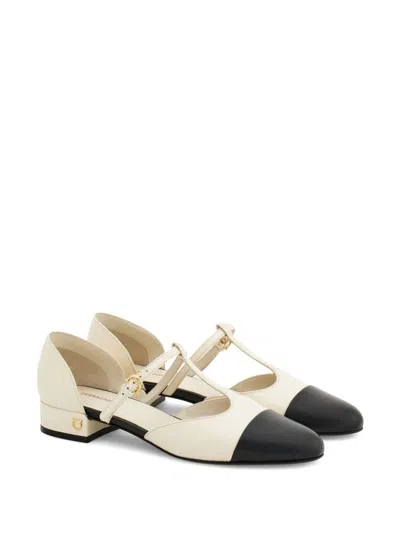 Ferragamo Linette Bicolor T-strap Ballerina Flats In Tan
