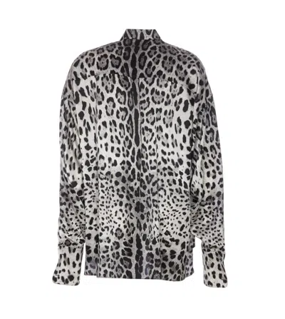Dolce & Gabbana Grey Shirt With Leopard Print All-over And Logo Lettering In Grey