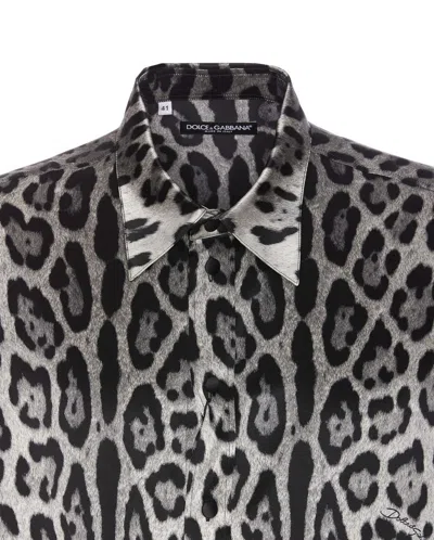 Dolce & Gabbana Grey Shirt With Leopard Print All-over And Logo Lettering In Grey