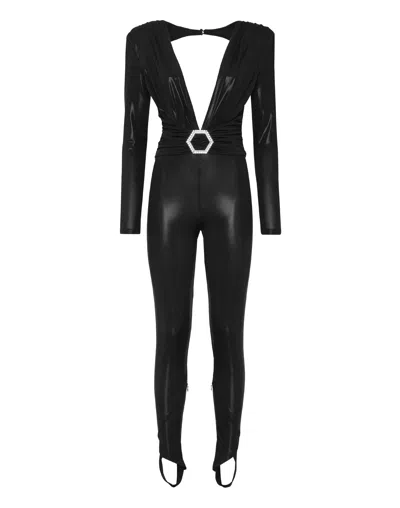 Philipp Plein Padded Shoulder Lame Jumpsuit In Black