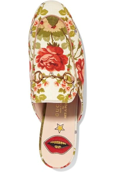 Shop Gucci Princetown Horsebit-detailed Floral-print Canvas Slippers In White