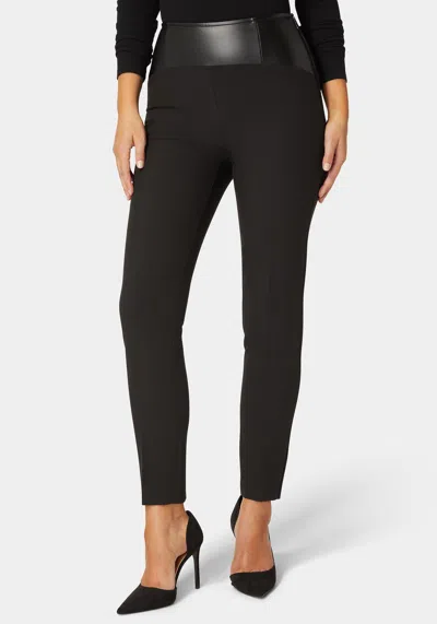 Bebe High Waist Vegan Leather Yoke Woven Twill Slim Leg Pant In Black