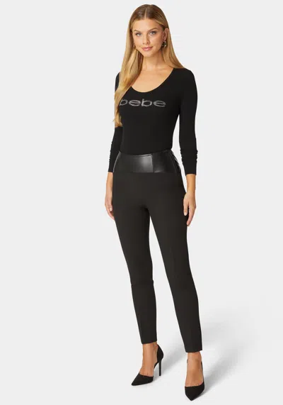 Bebe High Waist Vegan Leather Yoke Woven Twill Slim Leg Pant In Black