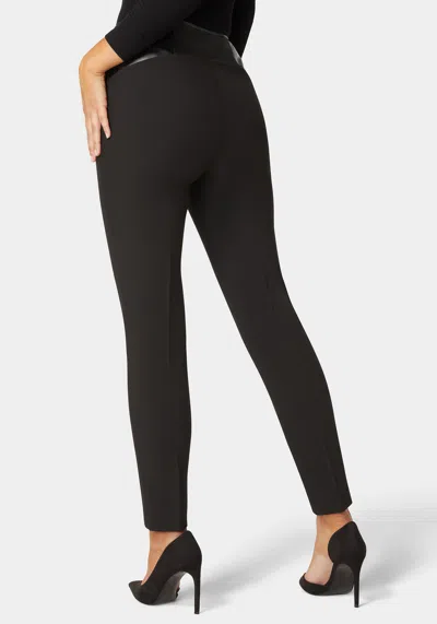 Bebe High Waist Vegan Leather Yoke Woven Twill Slim Leg Pant In Black