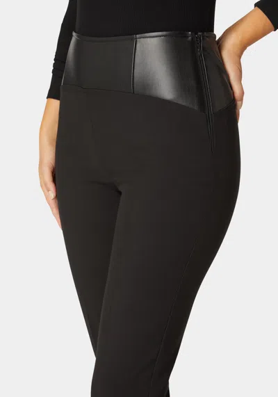 Bebe High Waist Vegan Leather Yoke Woven Twill Slim Leg Pant In Black