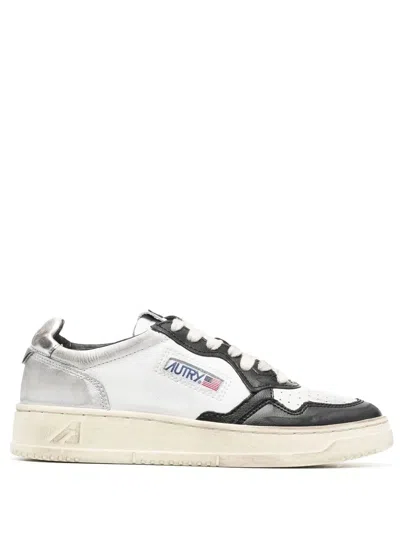 Autry Black And White 'medalist' Low Top Sneakers Distressed Effect In Cow Leather