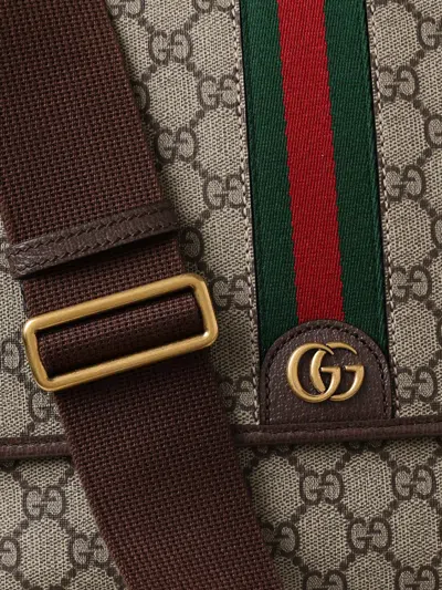 Gucci Ophidia Gg Supreme Fabric And Leather Shoulder Strap With Iconic Web Band In Cream