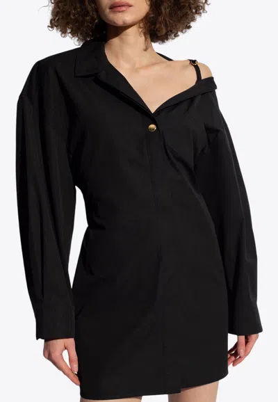 Jacquemus Asymmetric-neck Shirt Minidress In Black