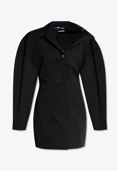 Jacquemus Asymmetric-neck Shirt Minidress In Black