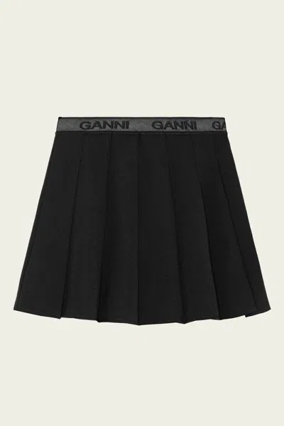 Ganni Light Twill Pleated Mini Skirt In Black
