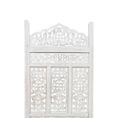 Furnizzeme Aesthetically Carved 4 Panel Wooden Partition Screen/room Divider, Distressed White