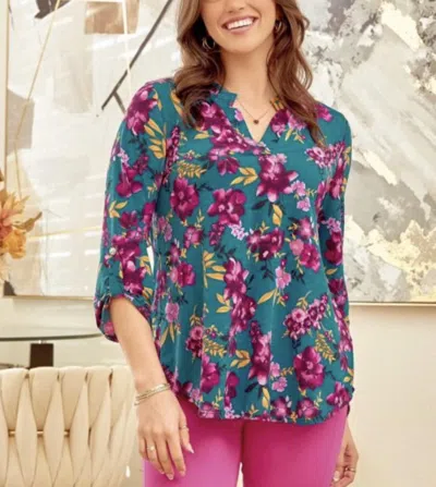 Dear Scarlett Truly 3/4 Sleeve Top In Teal & Magenta Floral In Multi