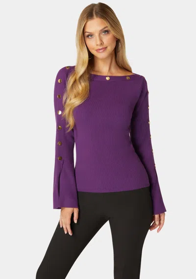 Bebe Off Shoulder Bateau Snapped Slit Sweater In Imperial Purple