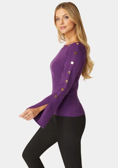 Bebe Off Shoulder Bateau Snapped Slit Sweater In Imperial Purple