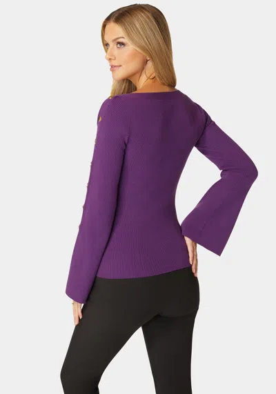 Bebe Off Shoulder Bateau Snapped Slit Sweater In Imperial Purple
