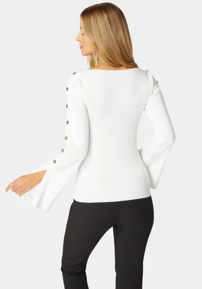 Bebe Off Shoulder Bateau Snapped Slit Sweater In White Alyssum