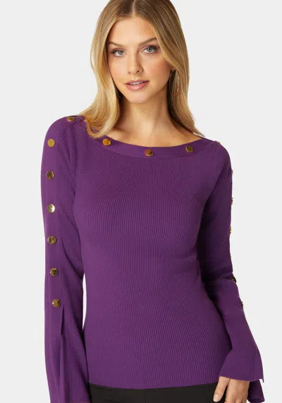 Bebe Off Shoulder Bateau Snapped Slit Sweater In Imperial Purple