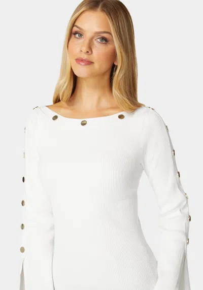 Bebe Off Shoulder Bateau Snapped Slit Sweater In White Alyssum