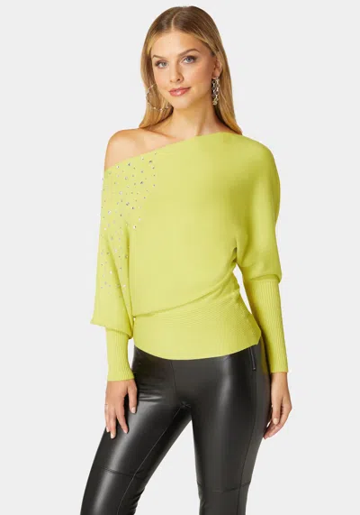 Bebe Off Shoulder Studded Dolman Sleeve Sweater In Cyber Lime