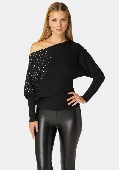 Bebe Off Shoulder Studded Dolman Sleeve Sweater In Black