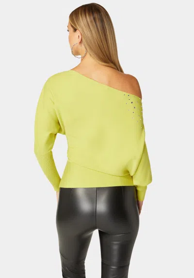 Bebe Off Shoulder Studded Dolman Sleeve Sweater In Cyber Lime