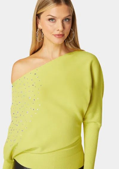Bebe Off Shoulder Studded Dolman Sleeve Sweater In Cyber Lime