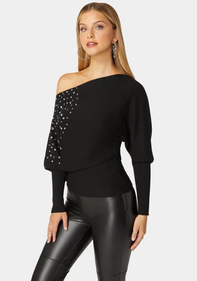 Bebe Off Shoulder Studded Dolman Sleeve Sweater In Black