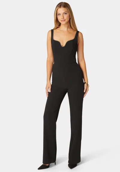 Bebe Plunging U Neck Chain Detail Wide Leg Jumpsuit In Black
