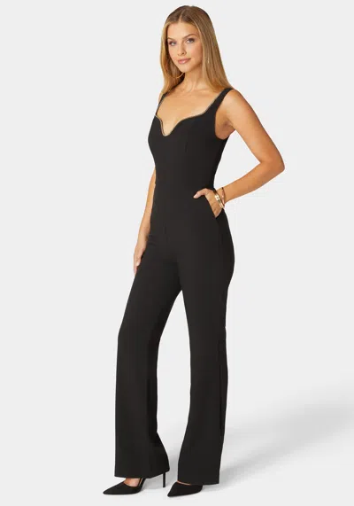 Bebe Plunging U Neck Chain Detail Wide Leg Jumpsuit In Black