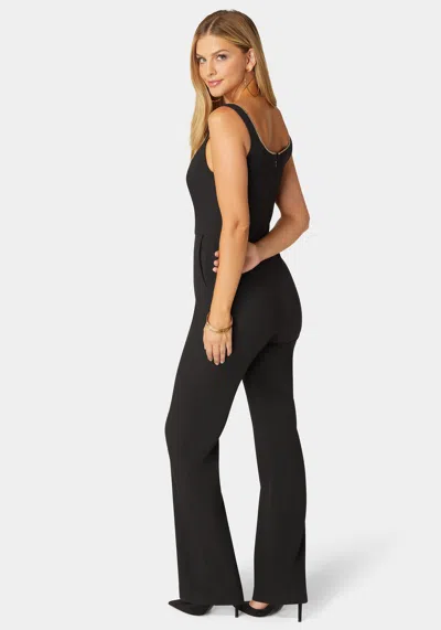 Bebe Plunging U Neck Chain Detail Wide Leg Jumpsuit In Black