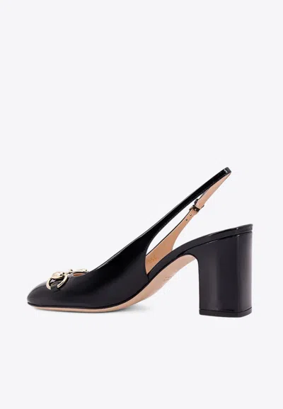 Shop Gucci 75 Horsebit Slingback Leather Pumps In Black