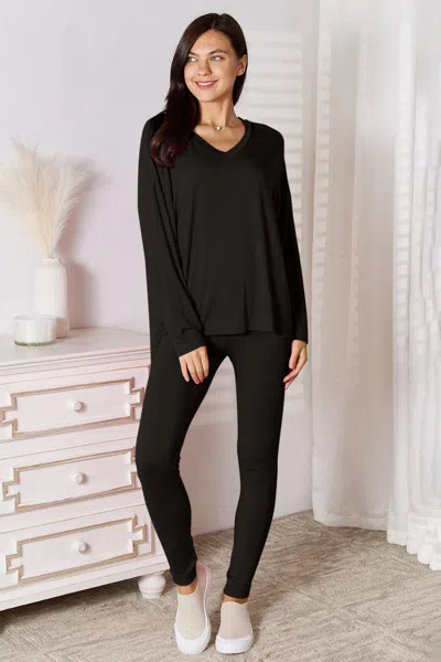 Fashnzfab Full Size V-neck Soft Rayon Long Sleeve Top And Pants Lounge Set In Black