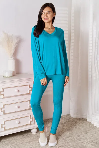 Fashnzfab Full Size V-neck Soft Rayon Long Sleeve Top And Pants Lounge Set In Blue
