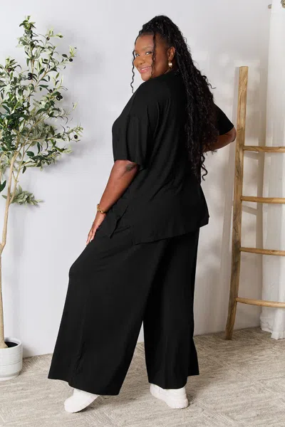 Fashnzfab Full Size Round Neck Slit Top And Pants Set In Black