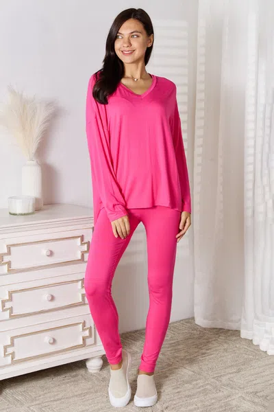 FASHNZFAB FULL SIZE V-NECK SOFT RAYON LONG SLEEVE TOP AND PANTS LOUNGE SET 
