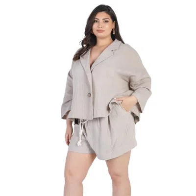 FASHNZFAB PLUS GREY BUTTON-UP COLLARED NECK BLAZER HIGH WAIST SHORTS SET 