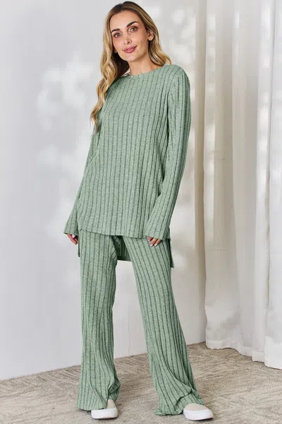 Fashnzfab Full Size Ribbed High-low Top And Wide Leg Pants Set In Green