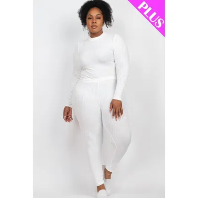 Fashnzfab Plus Ribbed Mock Neck Long Sleeve Top & Leggings Set In White