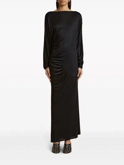 Khaite Oron Long-sleeve Asymmetric Gathered Maxi Dress In Black