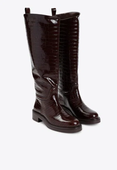 Stuart Weitzman Celia Riding Boots In Croc-embossed Leather In Brown
