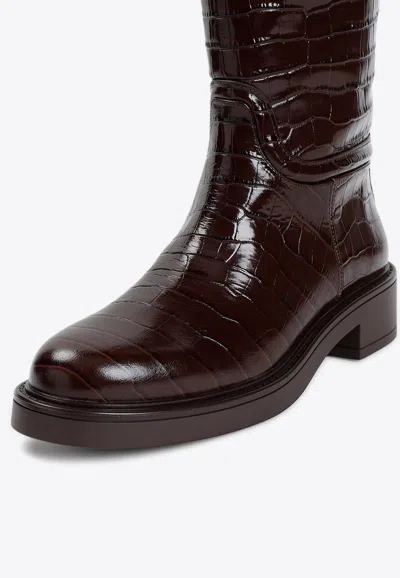 Stuart Weitzman Celia Riding Boots In Croc-embossed Leather In Brown