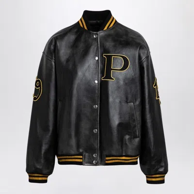 Prada Leather Bomber Jacket With Patch In Black